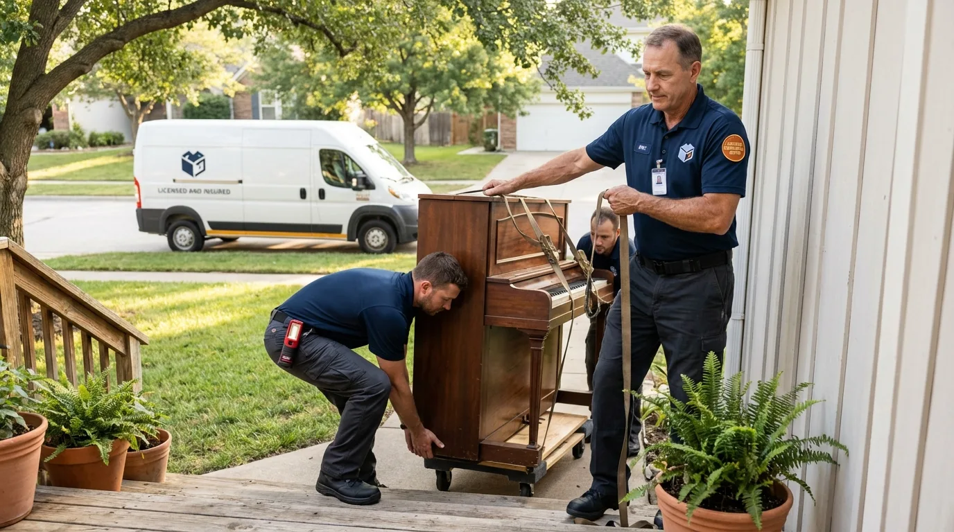 Licensed piano movers securing grand piano in Medical Lake, WA