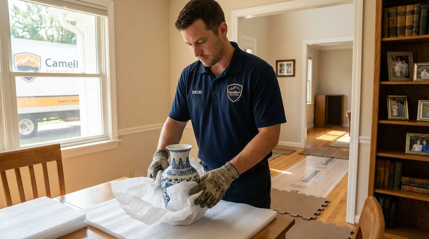 Professional crew carefully wrapping antique vase for senior downsizing move in Medical Lake, WA
